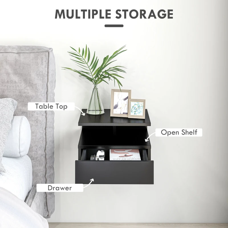 HOMCOM Floating Nightstand Set of 2, Wall Mounted Bedside Table with Drawer and Shelf, Small Night Stand for Bedroom, Black