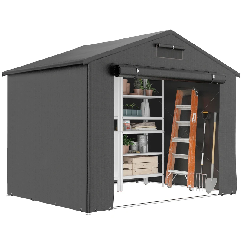 Outsunny 8' x 6' Portable Shed, Waterproof Bike Tent with Roll-up Zipper Door, Vent and Galvanised Metal Frame, Dark Grey