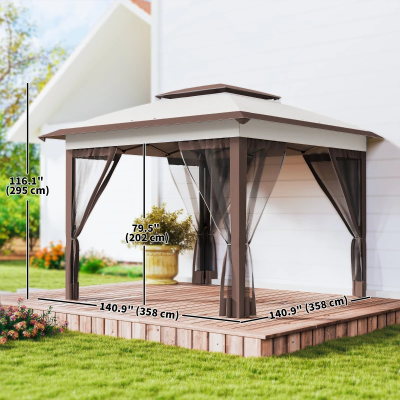 Outsunny 12' x 12' Pop Up Canopy Sun Shade Instant Tent Folding with Mesh Sidewalls, 3-Level Adjustable Height and Storage Bag, Beige