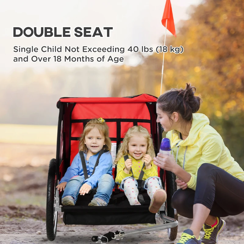 Aosom 2-Seat Child Bike Trailer for Kids with a Strong Steel Frame, 5-Point Safety Harnesses, & Comfortable Seat, Red