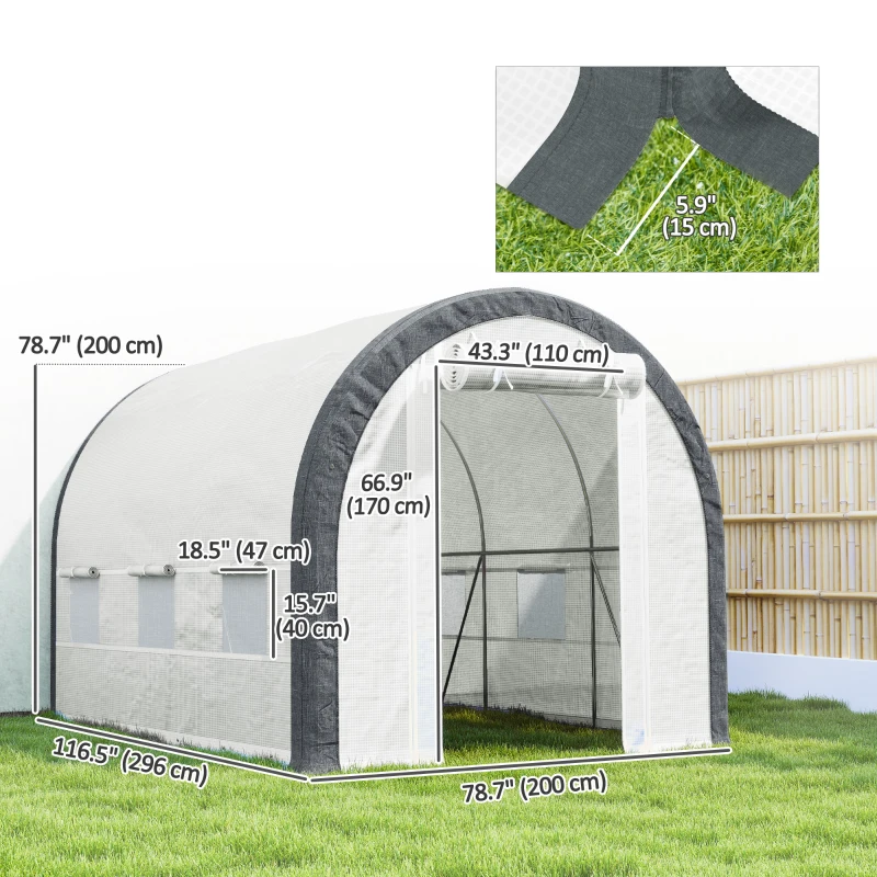 Outsunny 10'x6.6'x6.6' Upgraded Tunnel Greenhouse Green House with Mesh Door and Windows, 6 Plant Labels and Gloves, White