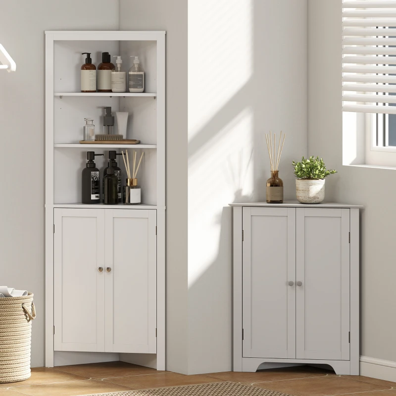 kleankin Tall Bathroom Storage Cabinet, Corner Cabinet with Doors, Linen Cabinet with Doors and 3-Tier Shelves, White