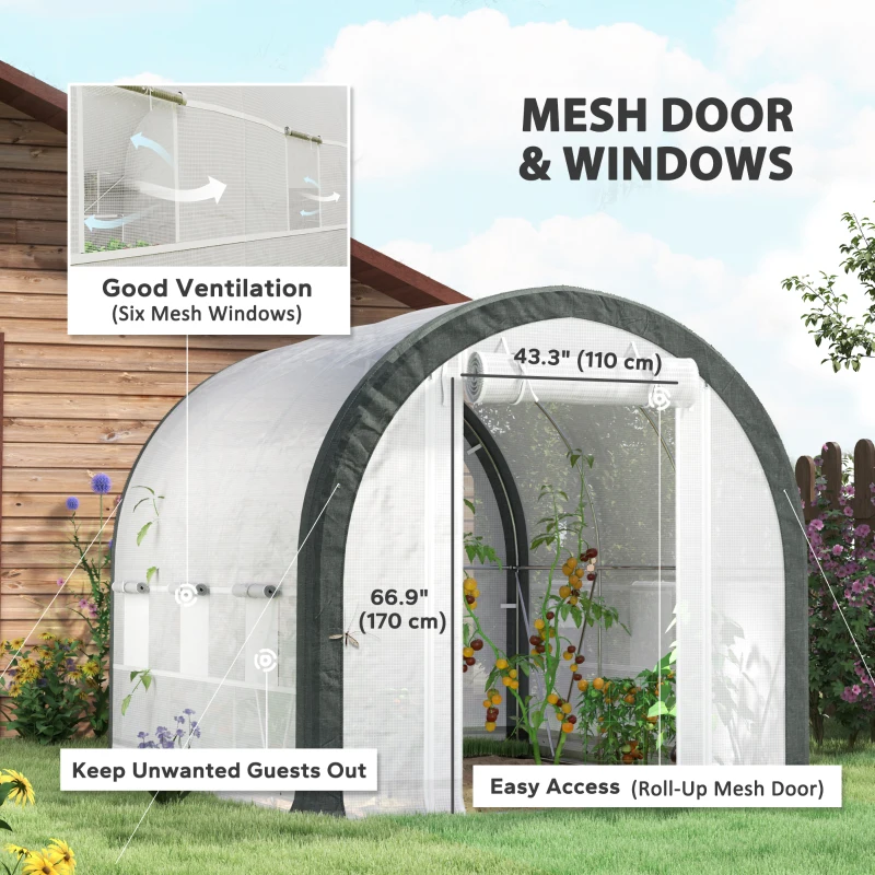 Outsunny 10'x6.6'x6.6' Upgraded Tunnel Greenhouse Green House with Mesh Door and Windows, 6 Plant Labels and Gloves, White