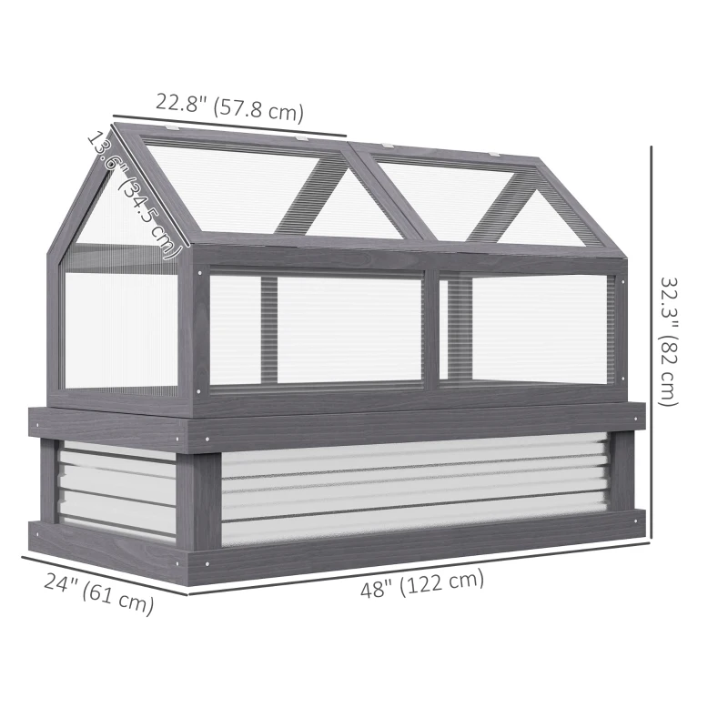 Outsunny Raised Garden Flower Bed Kit with Greenhouse, Wooden Cold Frame Planter, 48" x 24" x 32", Grey