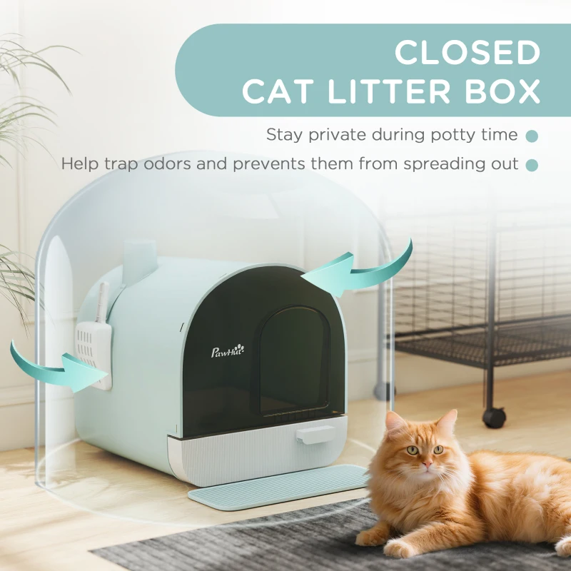 PawHut Fully Enclosed Cat Litter Box with Lid & Drawer Design, Covered Litter Box Anti-Leakage, Anti-Splashing, for Indoor Cats from Kitten to Adult, with Scoop & Mat, Easy Clean, Odor Control, Green