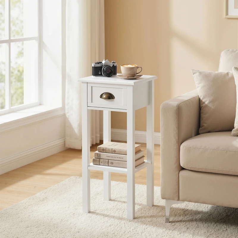 HOMCOM 2-Tier Side Table with Drawer and Shelf, End Table for Living Room and Hallway, White