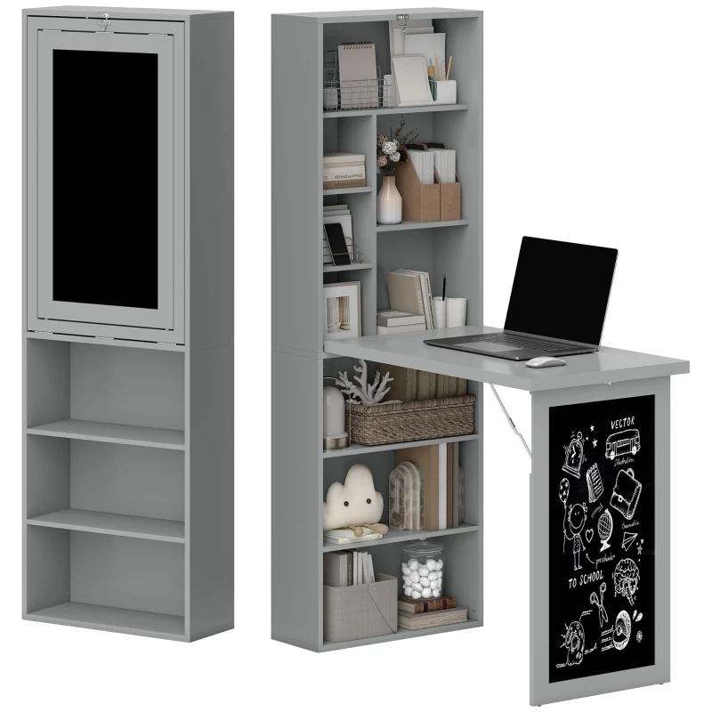 HOMCOM Fold-out Convertible Office Desk, Wall Mount Computer Desk with Blackboard and Side Shelf, Charcoal Gray