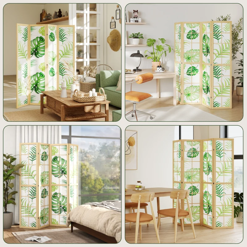 HOMCOM 4 Panel Folding Privacy Screen, 67" Room Divider with Palm Leaf Design for Living Room Bedroom, Natural and Green