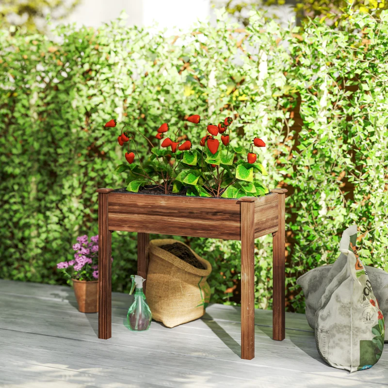 Outsunny 34" x 18" x 30" Wooden Patio Raised Garden Bed Planter, Elevated Planter Box with Legs, Carbonized