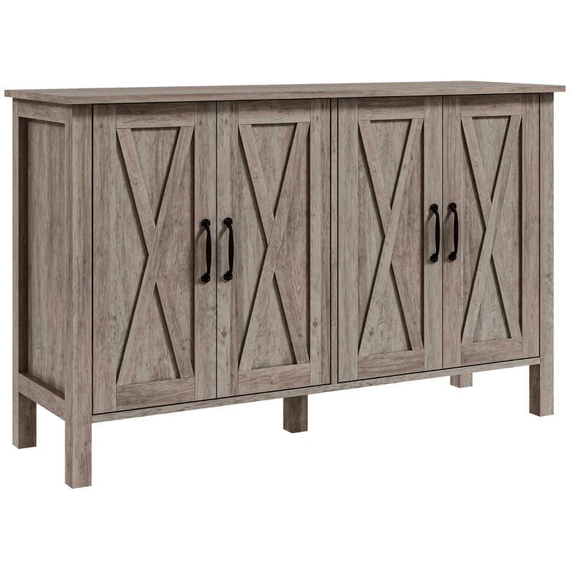 HOMCOM Sideboard Buffet with 4 Barn Doors and 2 Adjustable Shelves, Kitchen Buffet Cabinet for Living Room, Hallway, Gray