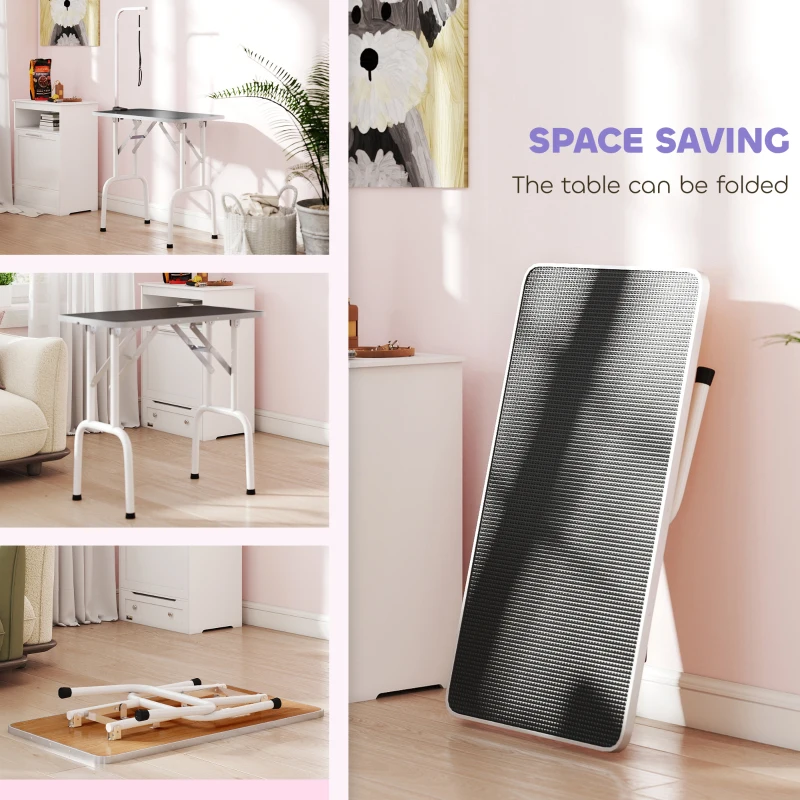 PawHut Foldable Pet Grooming Table for Dogs Cats with Adjustable Arm, Non-slip Surface, Black