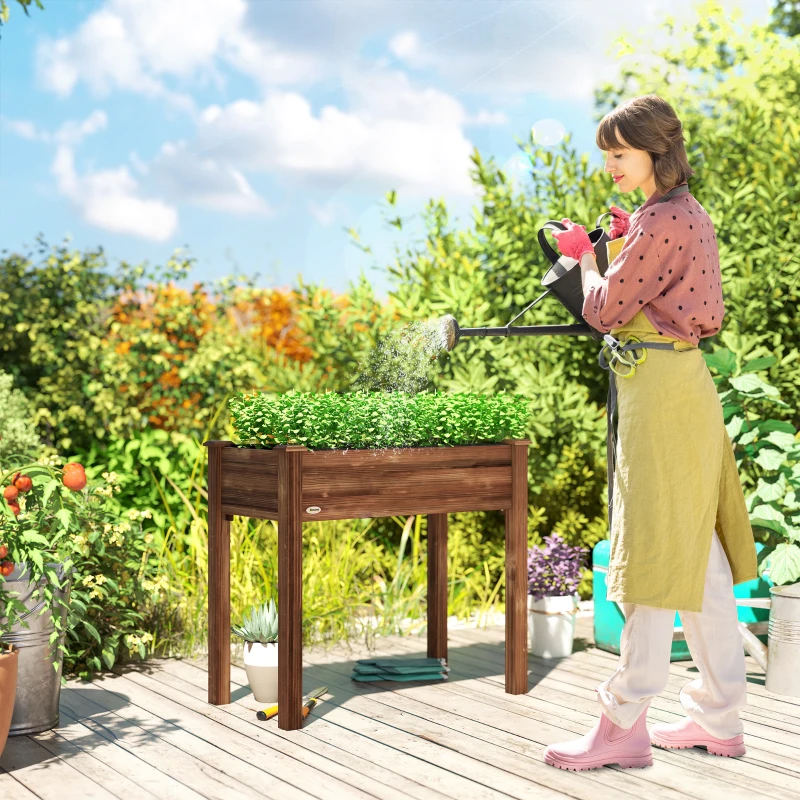 Outsunny 34" x 18" x 30" Wooden Patio Raised Garden Bed Planter, Elevated Planter Box with Legs, Carbonized