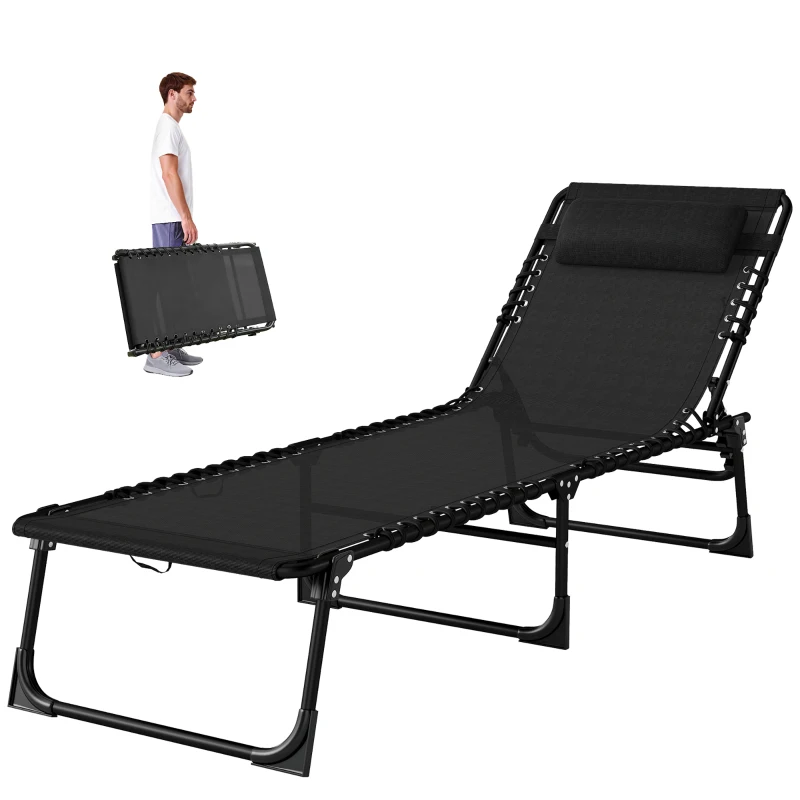 Outsunny Outdoor Folding Lounge Chair, 4-Level Adjustable Chaise Lounge with Headrest, Tanning Chair Beach Bed Reclining Lounger Cot for Camping, Hiking, Backyard, Black