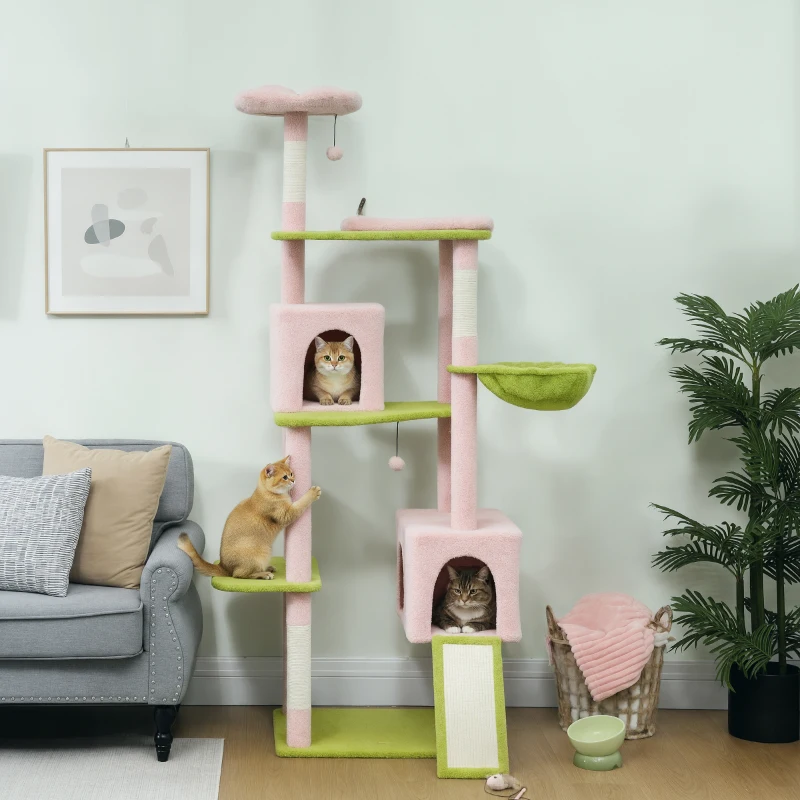 PawHut 74" Flower Cat Tree, Large Cat Tower with Scratching Post & Board for Indoor Cats, Pink