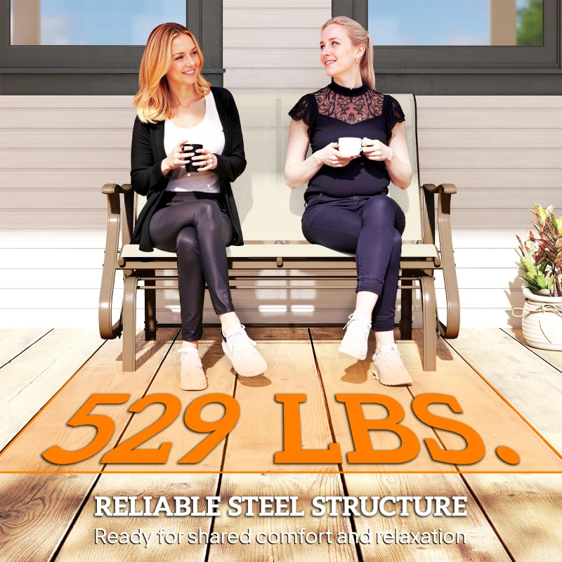 Outsunny 2-Person Outdoor Glider Bench, Patio Glider Loveseat Chair with Powder Coated Steel Frame，2 Seats Porch Rocking Glider for Backyard, Lawn, Garden and Porch, Beige