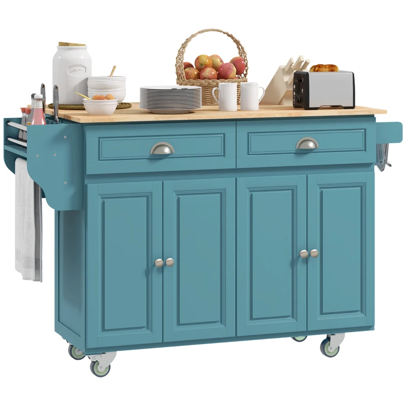 HOMCOM Rolling Kitchen Island Cart with Drop Leaf, Kitchen Cart on Wheels with Wood Top, 2 Drawers and 2 Storage Cabinets, Island Table for Kitchen, Dining Room, Light Blue
