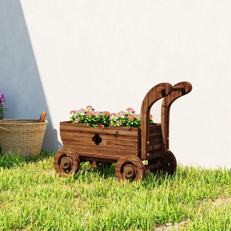Outsunny Wagon Flower Planter Cart with Wheels, Garden Wagon with Handle for Outdoor Patio Yard, Carbonized