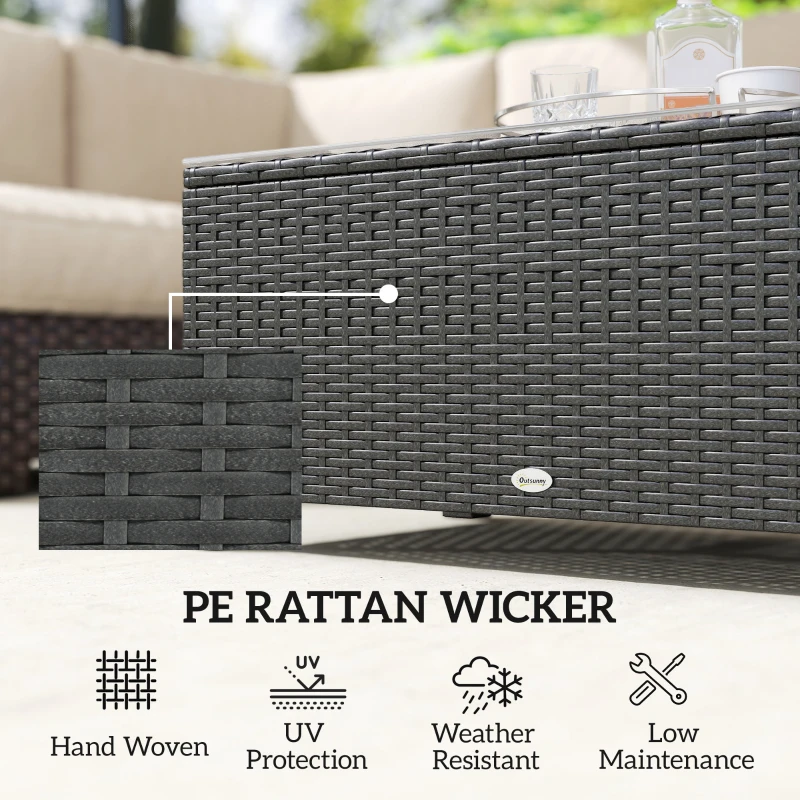 Outsunny PE Wicker Outdoor Coffee Table with Glass Top Garden Patio Table, Dark Grey