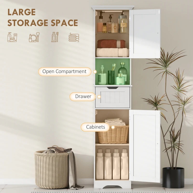 HOMCOM 67" Tall Bathroom Storage Cabinet, Narrow Bathroom Cabinet with LED Light, Adjustable Shelf, Open Compartment, Drawer