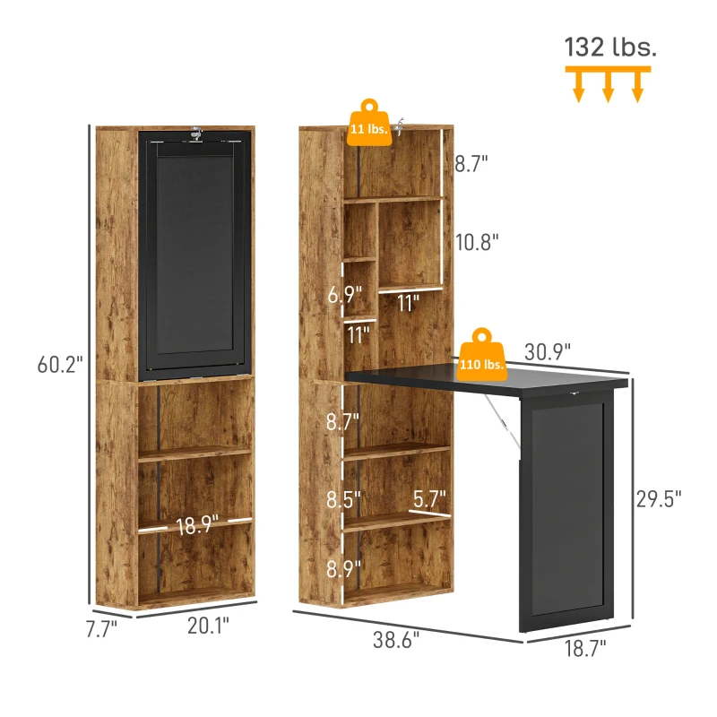 HOMCOM Fold-out Convertible Home Office Desk, Computer Desk with Blackboard and Side Shelf, Rustic Brown