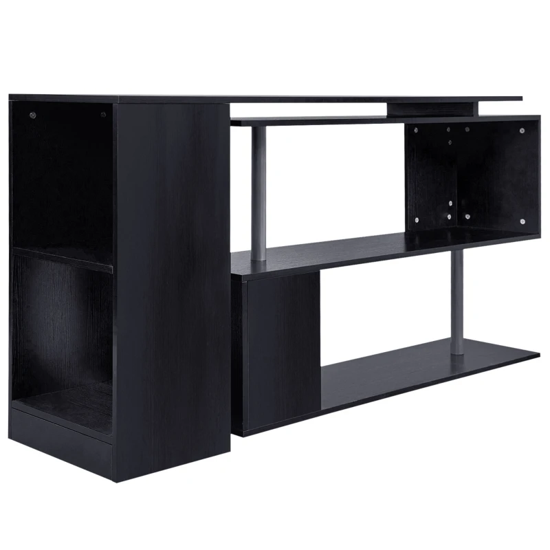 HOMCOM 55" Corner Computer Desk, 360° Rotating L-Shaped Desk, Home Office Workstation with 3-Tier Shelves, Bookshelf, Black