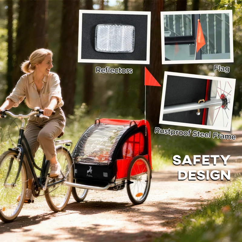 Aosom 2-Seat Child Bike Trailer for Kids with a Strong Steel Frame, 5-Point Safety Harnesses, & Comfortable Seat, Red