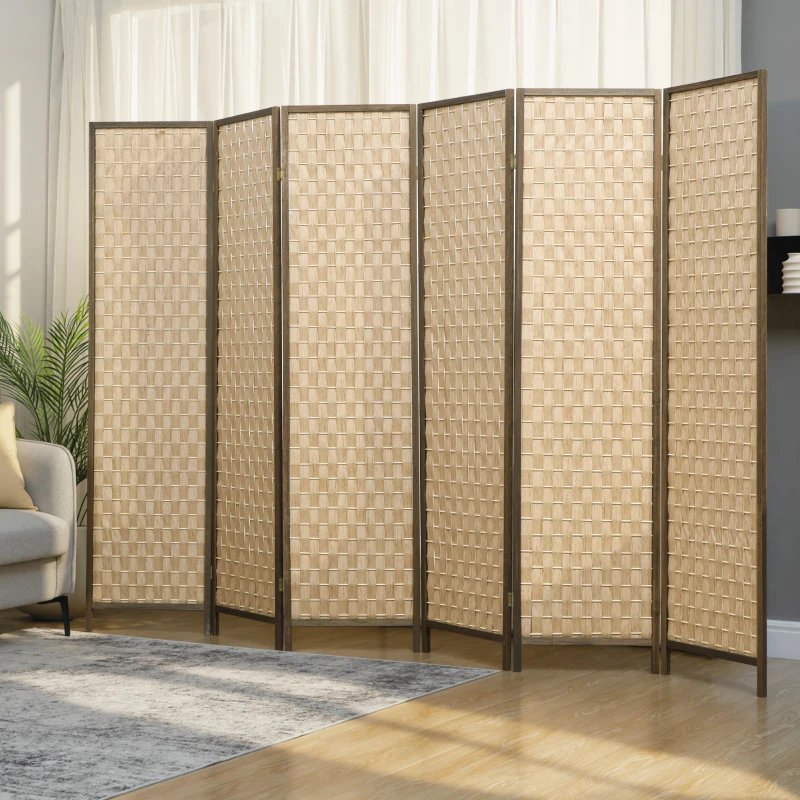 HOMCOM 6 FT Room Divider, 6 Panel Folding Privacy Screen, Lightweight Handwoven Freestanding Partition for Home Office, Brown