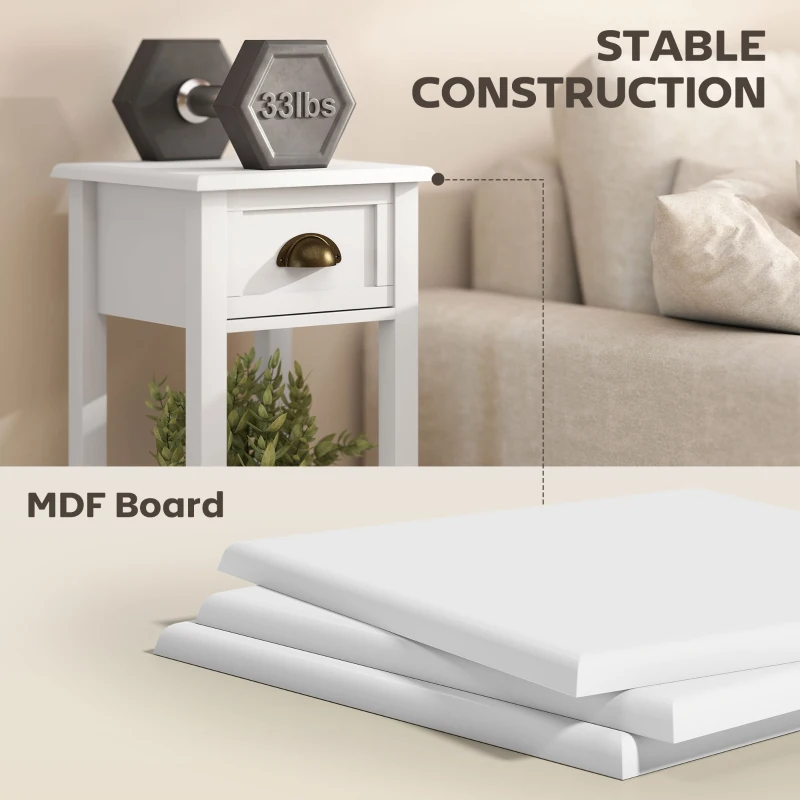 HOMCOM 2-Tier Side Table with Drawer and Shelf, End Table for Living Room and Hallway, White