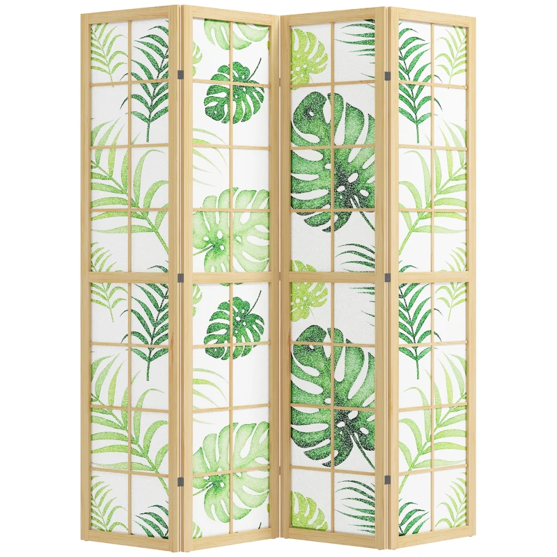HOMCOM 4 Panel Folding Privacy Screen, 67" Room Divider with Palm Leaf Design for Living Room Bedroom, Natural and Green