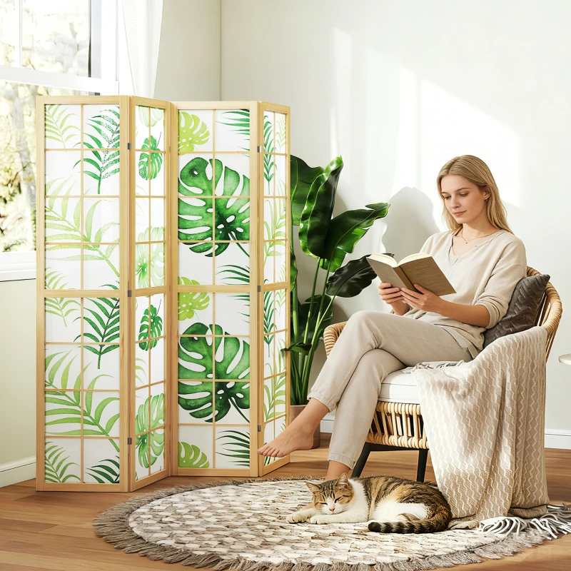 HOMCOM 4 Panel Folding Privacy Screen, 67" Room Divider with Palm Leaf Design for Living Room Bedroom, Natural and Green