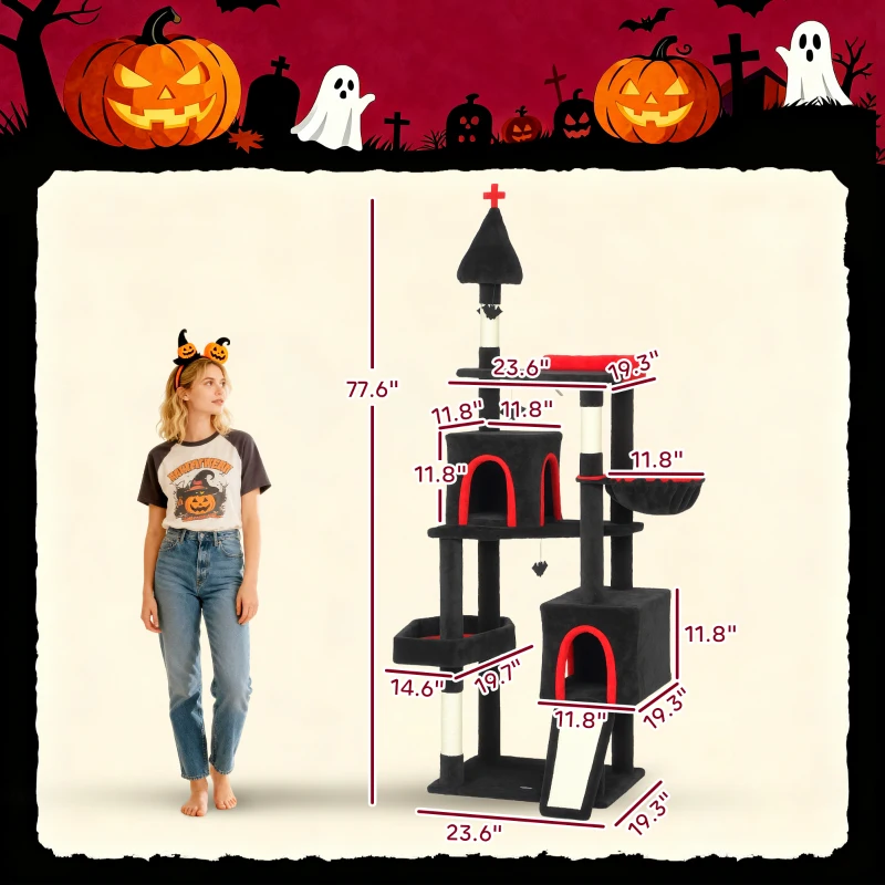PawHut 78" Gothic Cat Tree, Cat Tower with Coffin Bed, 2 Spacious Condos, Sisal Scratching Posts, Bat Hanging Balls, Halloween