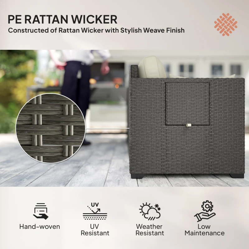 Outsunny 3 Seater Wicker Patio Sofa with Side Trays, Outdoor Couch with 6" Thick Back Cushions, Deep Seating, Cream White