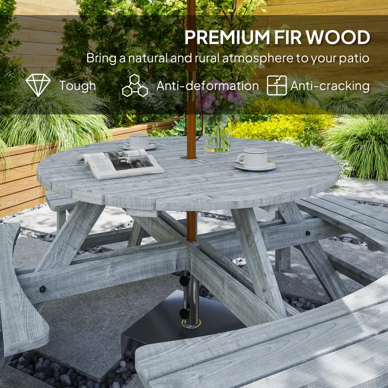 Outsunny 8 Seater Round Wooden Pub Bench & Picnic Table, Patio Dining Set for Outdoor Patio (Umbrella Not Included)