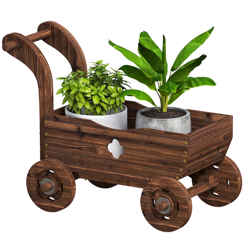 Outsunny Wagon Flower Planter Cart with Wheels, Garden Wagon with Handle for Outdoor Patio Yard, Carbonized