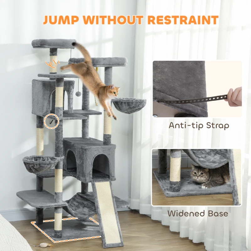 PawHut 69" Cat Tree, Multi-Level Cat Tower with 2 Condos and 3 Hammocks, 8 Scratching Posts, for Multiple Cats, Dark Gray