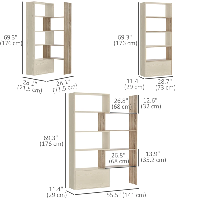 HOMCOM 4-Tier Corner Bookcase, Rotating Storage Display Shelf, Multifunction Tall Bookshelf, Space Saving Room Divider for Home Office, White Oak