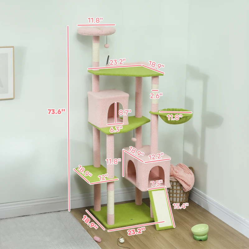 PawHut 74" Flower Cat Tree, Large Cat Tower with Scratching Post & Board for Indoor Cats, Pink