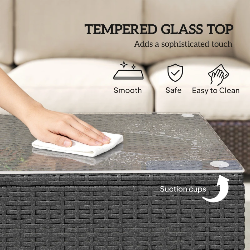 Outsunny PE Wicker Outdoor Coffee Table with Glass Top Garden Patio Table, Dark Grey