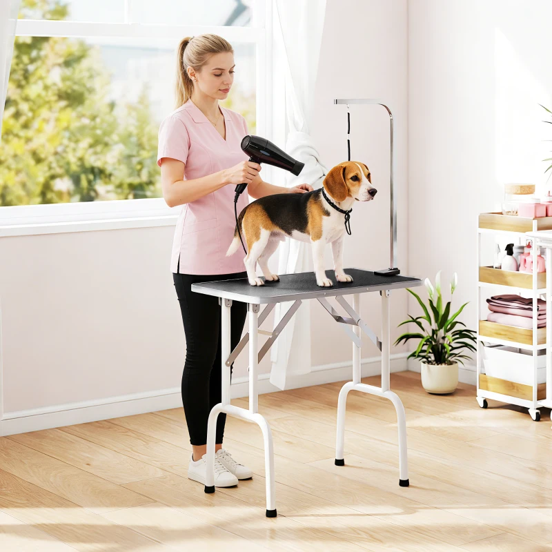 PawHut Foldable Pet Grooming Table for Dogs Cats with Adjustable Arm, Non-slip Surface, Black