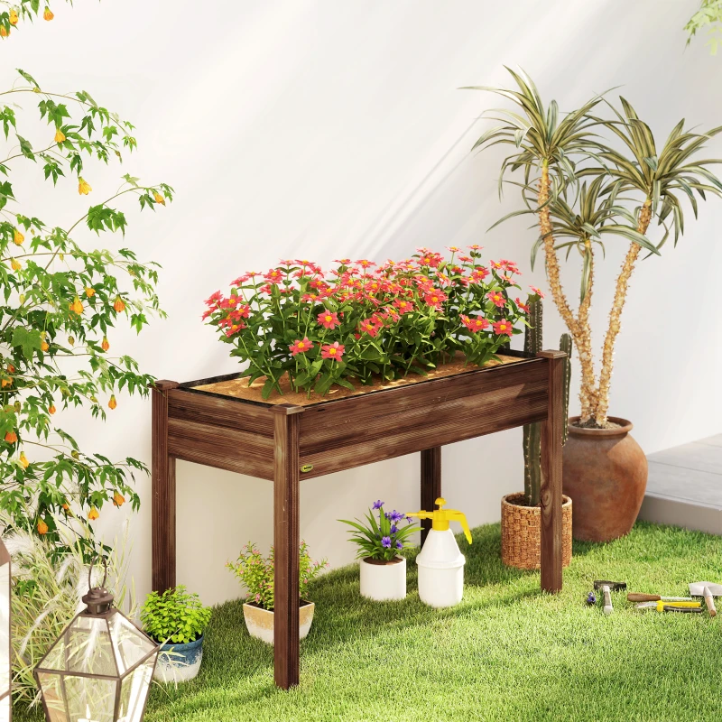 Outsunny 48" x 22" x 30" Wooden Patio Raised Garden Bed Planter, Elevated Planter Box with Legs, Carbonized