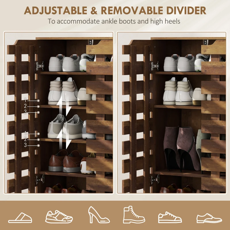 HOMCOM Shoe Cabinet, 20 Pair Shoe Storage Cabinet with Hollowed-Out Doors, Distressed Brown