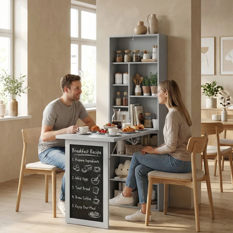 HOMCOM Fold-out Convertible Office Desk, Wall Mount Computer Desk with Blackboard and Side Shelf, Charcoal Gray