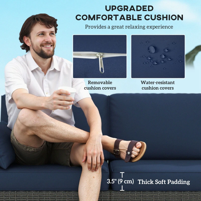 Outsunny 3-Seater Outdoor Sofa with Cushions, PE Rattan Conversation Patio Couch with Pillows for Garden, Poolside, Blue/Brown