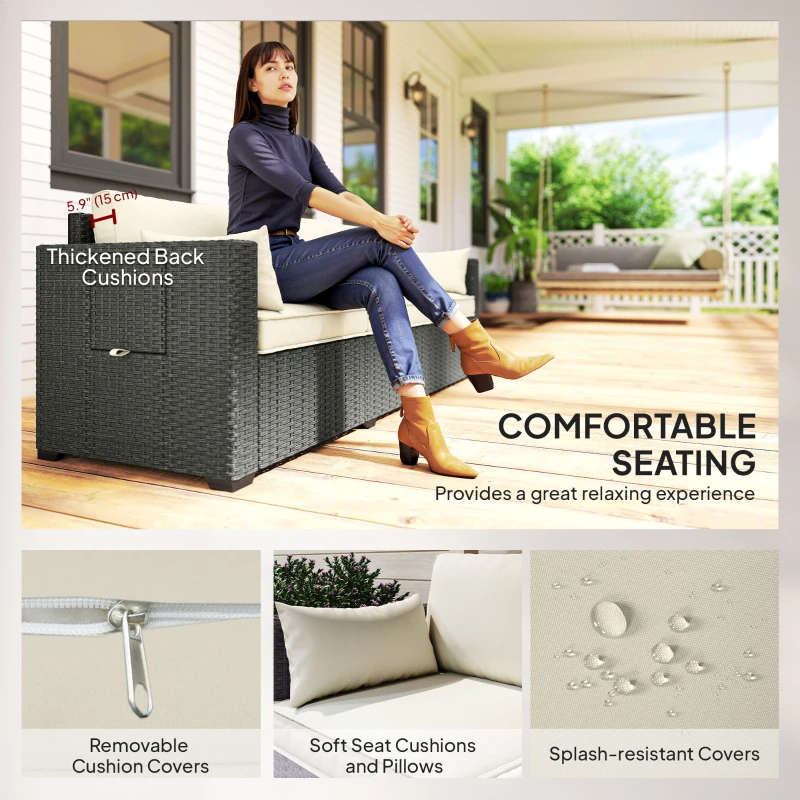 Outsunny 3 Seater Wicker Patio Sofa with Side Trays, Outdoor Couch with 6" Thick Back Cushions, Deep Seating, Cream White