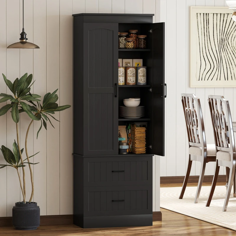 HOMCOM Tall Pantry Cabinet, 67" Kitchen Storage Cabinet with Adjustable Shelves and 2 Drawers for Kitchen, Dining Room, Black