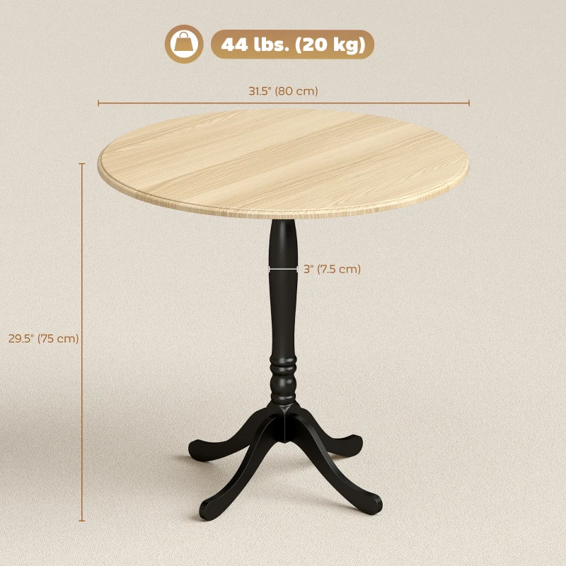 HOMCOM Dining Table for 2-4 People, Modern Round Kitchen Table with Pedestal Steel Base, 80cm, Natural Wood and Black