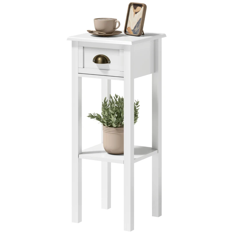 HOMCOM 2-Tier Side Table with Drawer and Shelf, End Table for Living Room and Hallway, White
