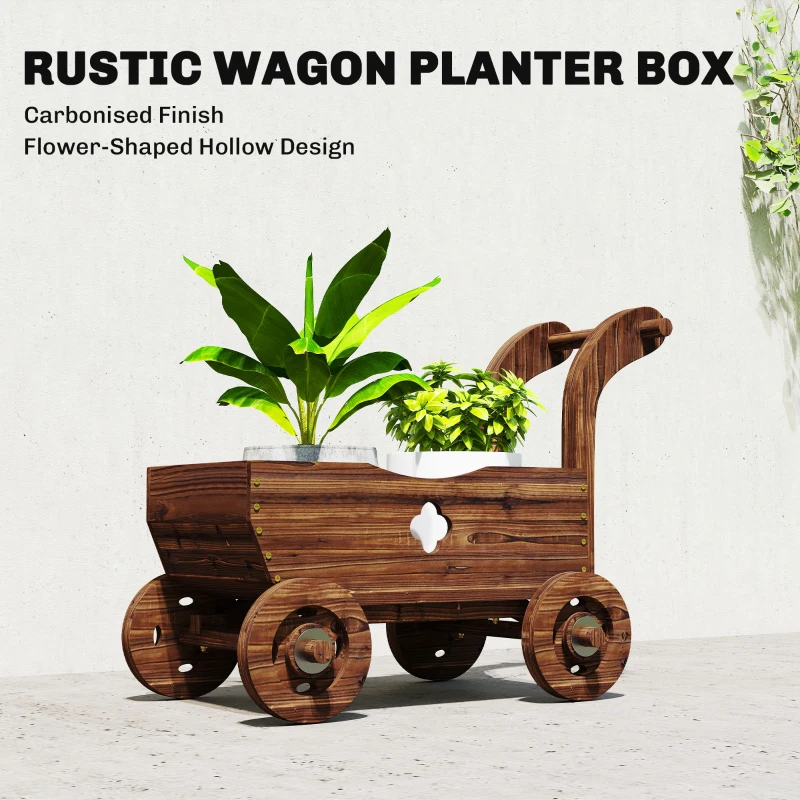 Outsunny Wagon Flower Planter Cart with Wheels, Garden Wagon with Handle for Outdoor Patio Yard, Carbonized