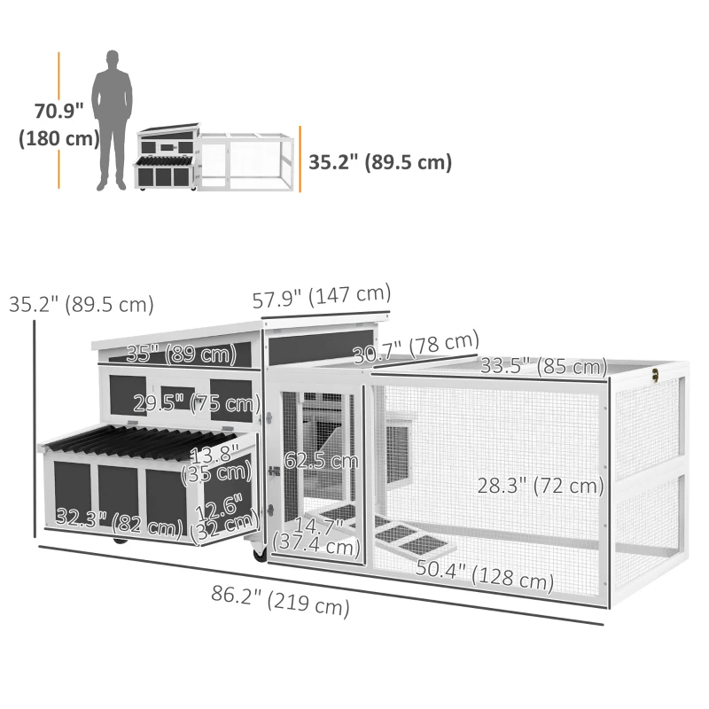 PawHut Wooden Chicken Coop, Rabbit Hutch with Large Run, Outdoor Poultry Cage with Nesting Box, Tray, Windows, Dark Grey