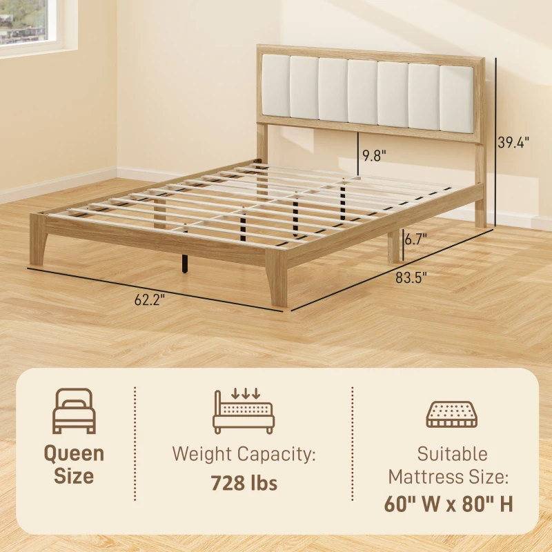 HOMCOM Queen Bed Frame with Headboard Queen Platform Bed Frame with Wooden Slats No Box Spring Needed Easy Assembly Natural